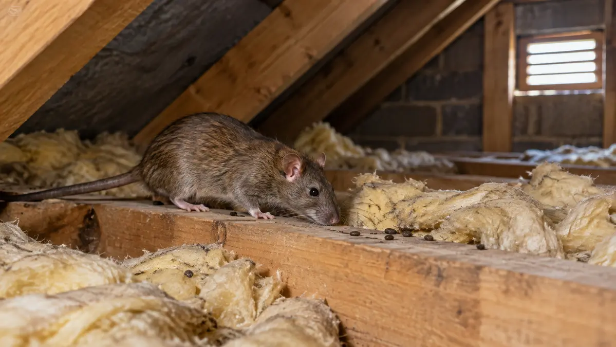 Rats in Loft: Signs, Risks and What to Do 1 Brown rat moving along a timber joist in a loft