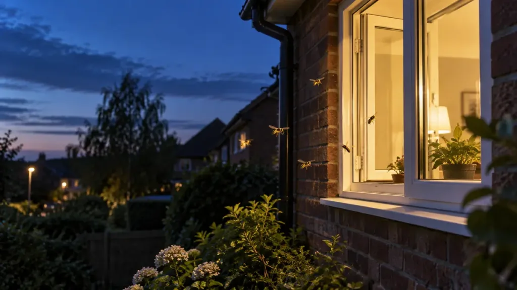 Do Wasps Come Out at Night? Why They Enter Your House After Dark 5 Wasps flying near a lit house window at night
