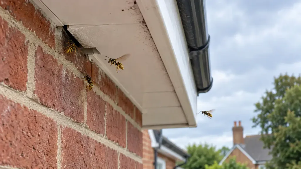 Why Do Wasps Keep Coming Back to the Same Spot? 4 wasps flying around the same opening beneath the eaves of a house
