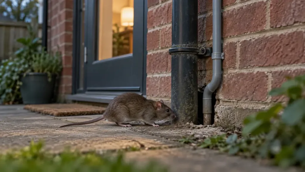 Why Do Rats Keep Coming Back? 1 Brown rat beside an entry gap around pipework on a house exterior