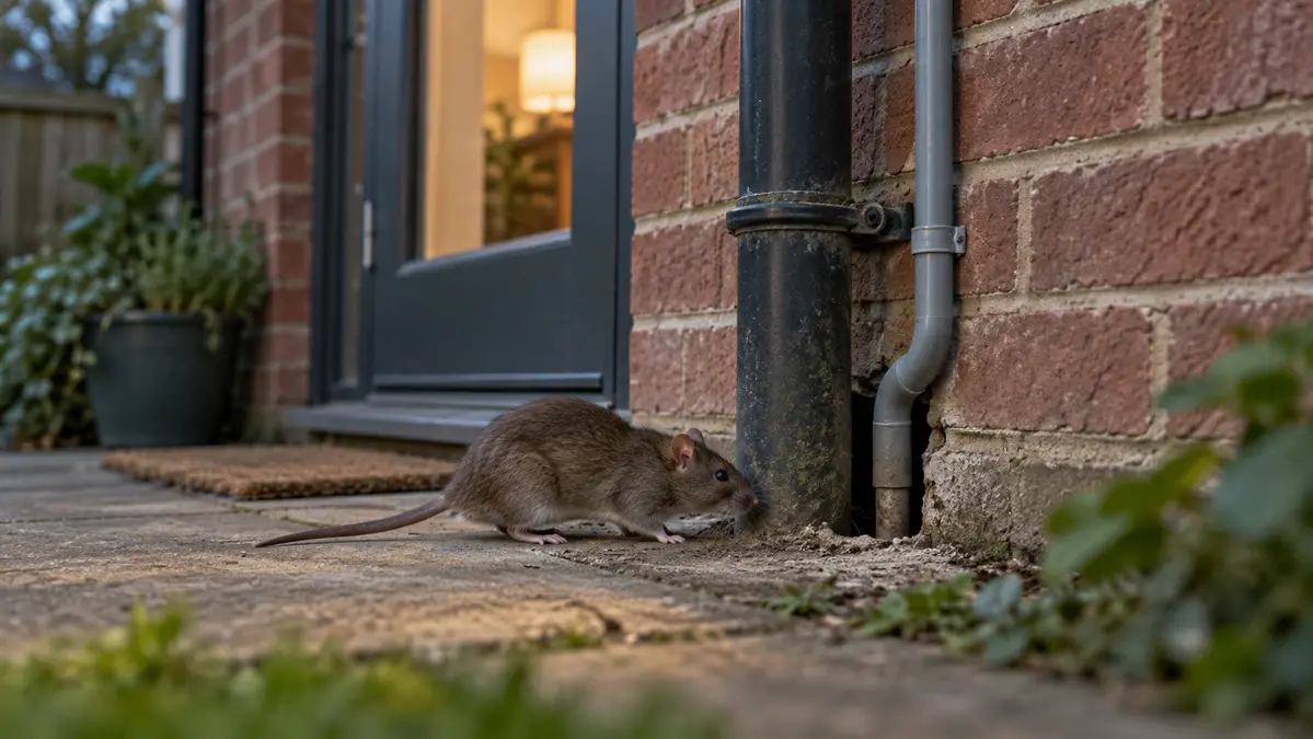 Why Do Rats Keep Coming Back? 1 Brown rat beside an entry gap around pipework on a house exterior