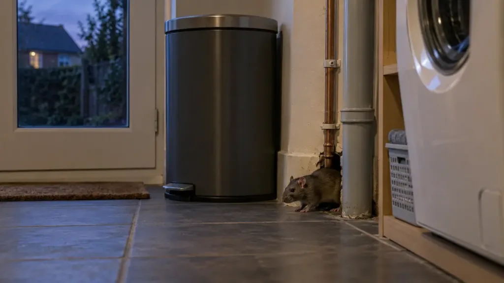 Will Rats Go Away on Their Own? 2 Brown rat emerging from a gap around pipework in a home